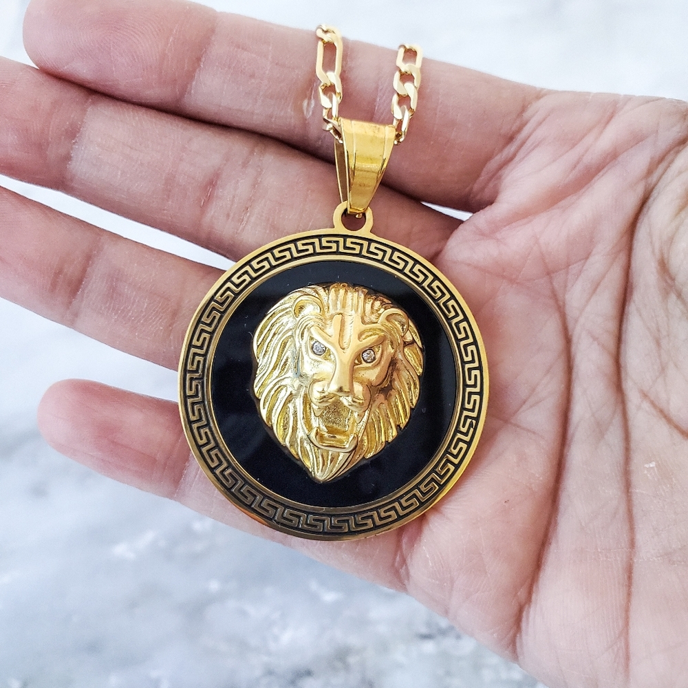 Large Gold Lion Pendant Medallion Charm Necklace